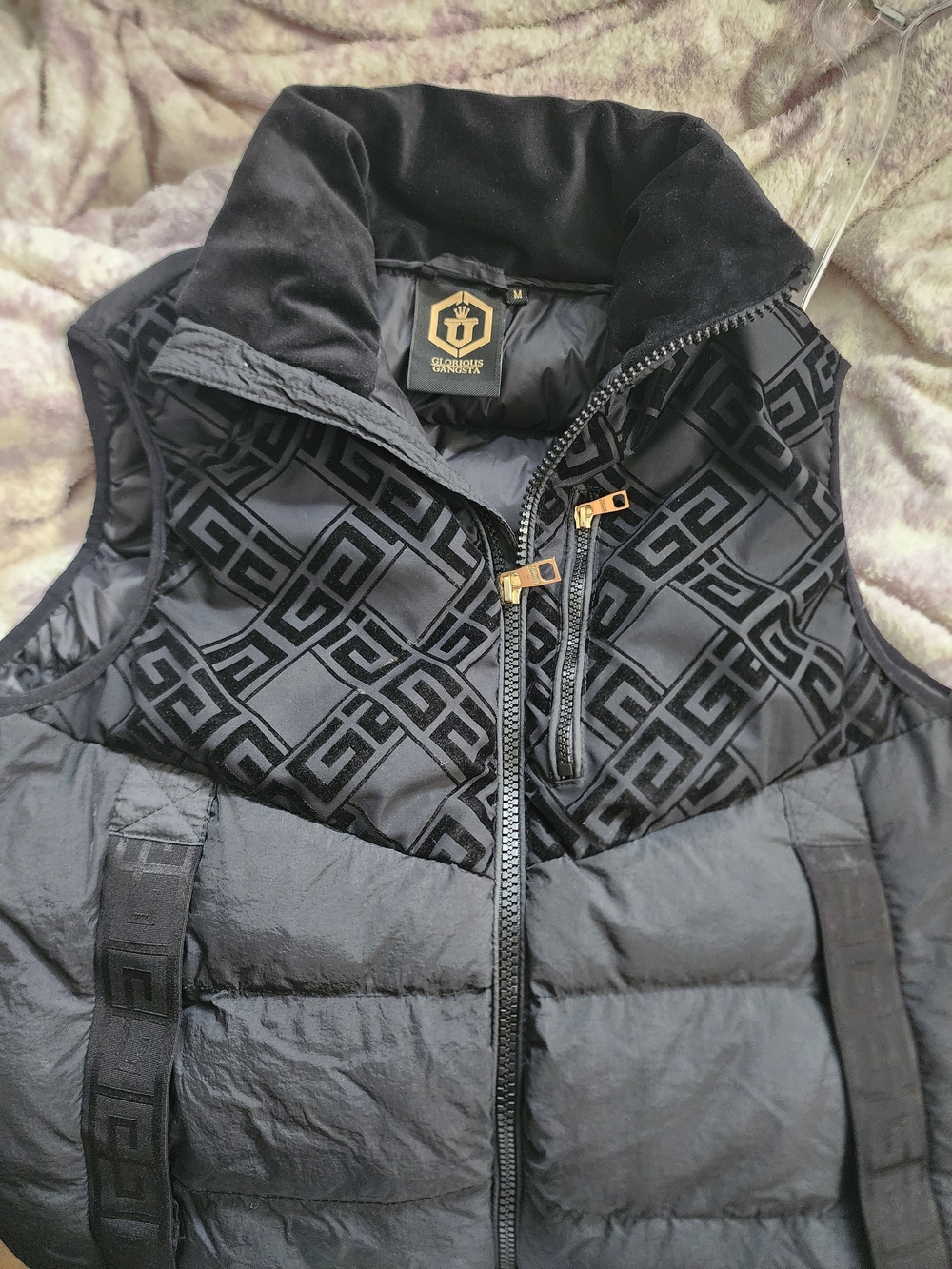 Glorious Gansta Women’s Black Quilted Vest with Geometric Velvet Yoke